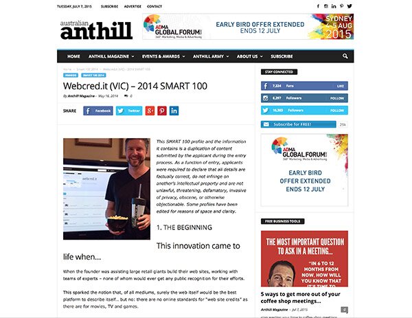 www.Webcred.it on Anthill Smart100, May 2014